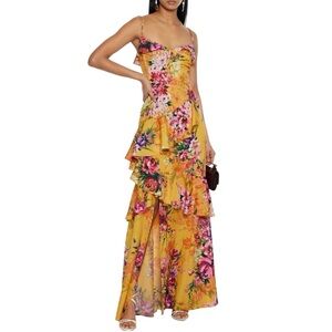 MARCHESA NOTTE Floral Print Crepe Ruffle Gown in Marigold
